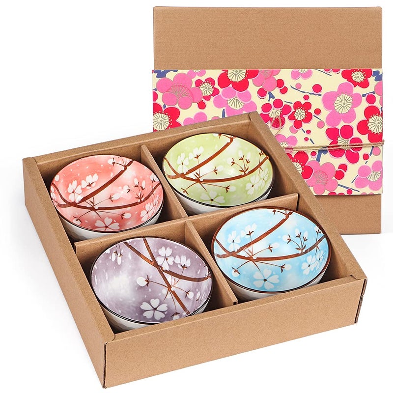 Skelang Ceramic Serving Bowls Rice Bowl with Gift Box Japanese Style Pottery Bowls Porcelain Serving Bowls for Rice Soup Dessert 10oz300ml Set of 4 Cherry Blossom Pattern