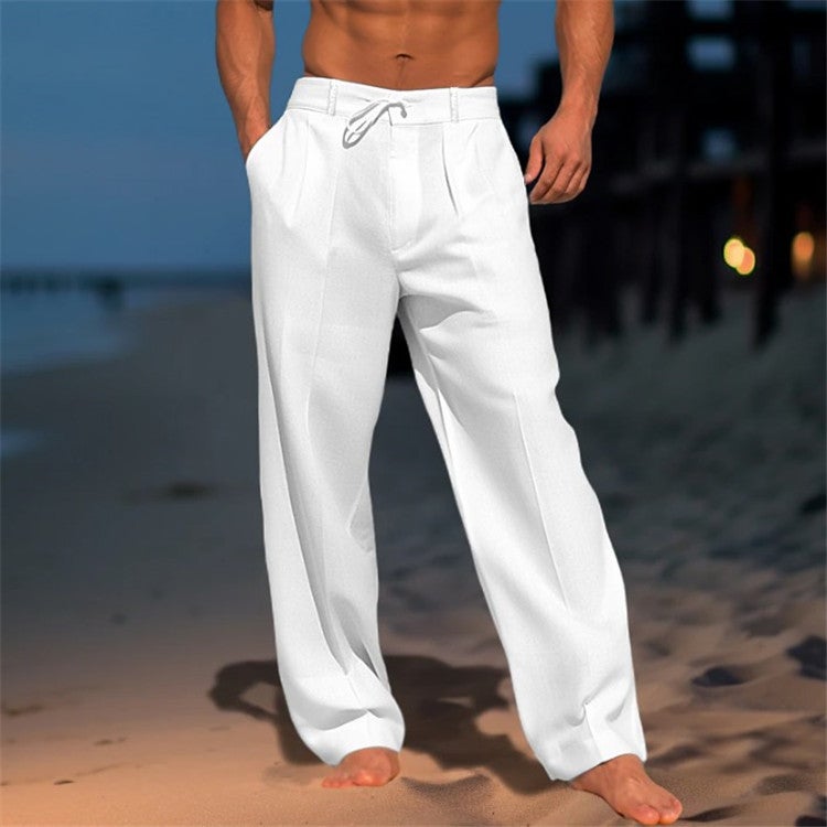 2025 Men's Linen Trousers Summer Beach Pants Front Bag Solid Color Breathable Casual Daily Vacation Basic