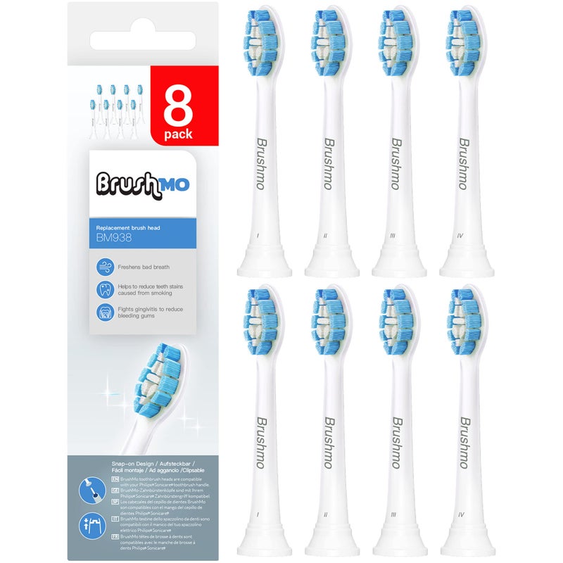 Brushmo Optimal Gum Care Replacement Toothbrush Heads Compatible with Philips Sonicare Clickon Electric Toothbrush Handles 8 Standard Replacement Heads Ultra Soft Dupont Bristles BM938 White