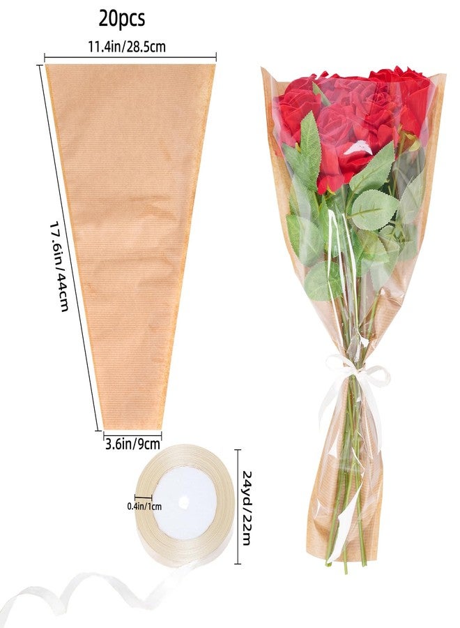 IIDEA 20 Pack Flower Bags for Bouquets with Ribbon, 9.8x18 Inch Kraft Floral Wrapping Sleeves for Valentine's Day, Wedding, Birthday, Graduation Gift Packaging (Craft) - Image 2