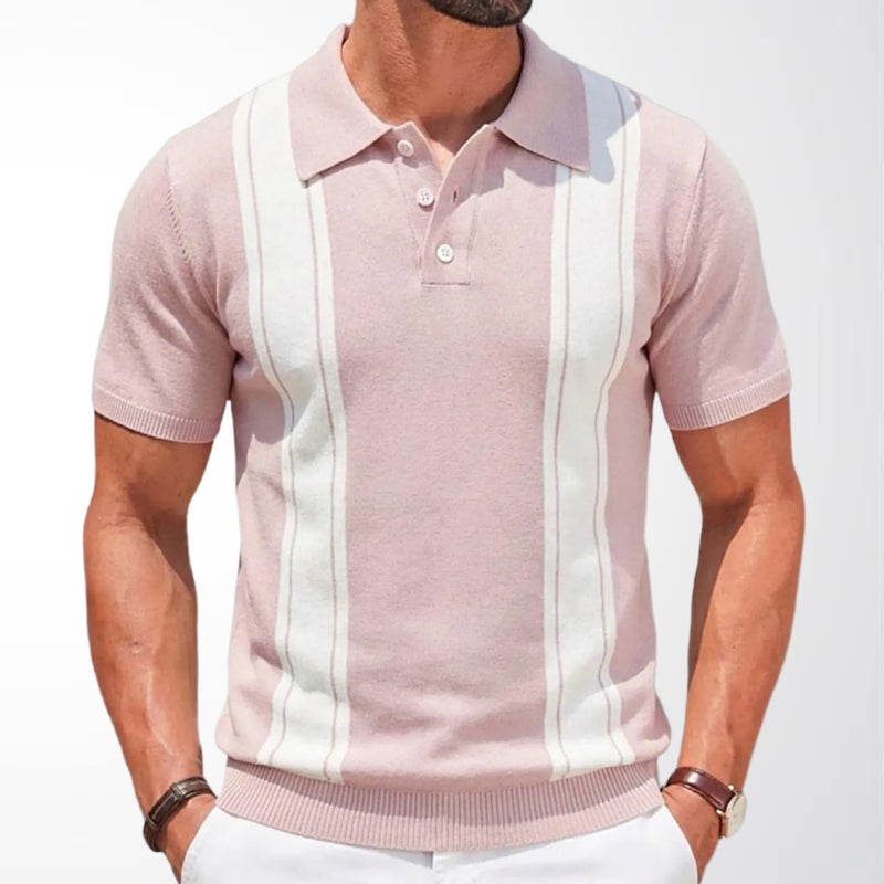 Men's Striped Contrast Short Sleeve Polo Shirt Business Knit Top - Image 2