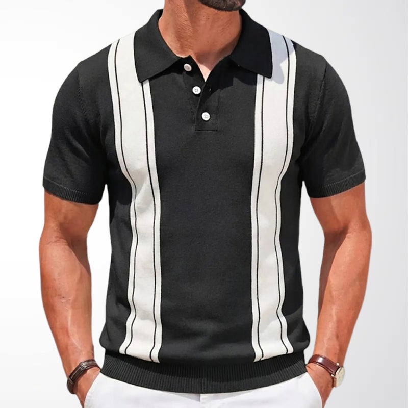 Men's Striped Contrast Short Sleeve Polo Shirt Business Knit Top - Image 3