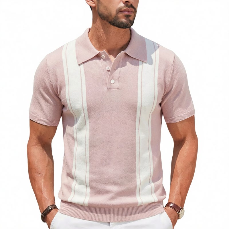 Men's Striped Contrast Short Sleeve Polo Shirt Business Knit Top - Image 1