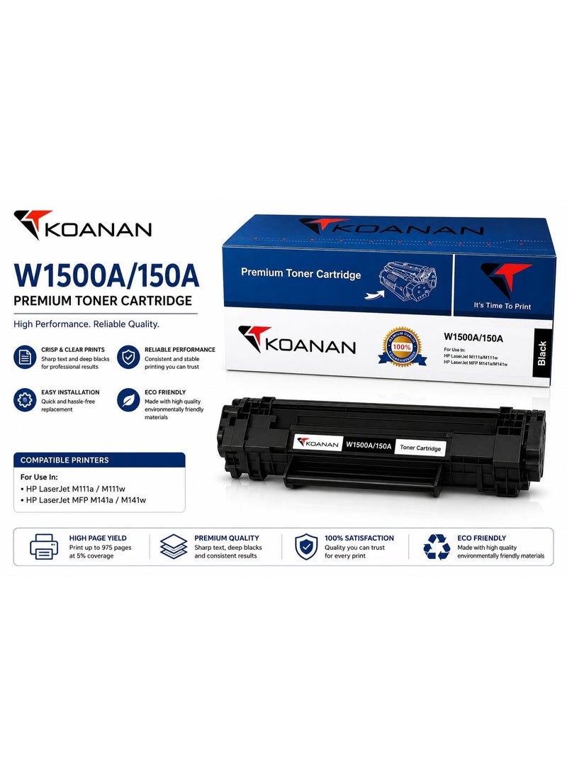 KOANAN Compatible W1500A (150A) Black Toner Cartridge Replacement for HP LaserJet M111a, M111w, LaserJet MFP M141a, M141w Printers – Up to 975 Pages - Image 1