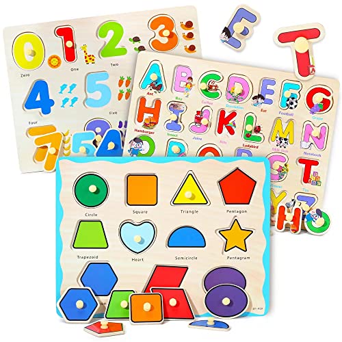 GR GRINNNIE GRINNNIE Wooden Montessori Toddler Puzzles for 3 4 5 Years Old 3 Pcs Number Letter Shape Kids Preschool Educational Peg Puzzle Set - Image 1