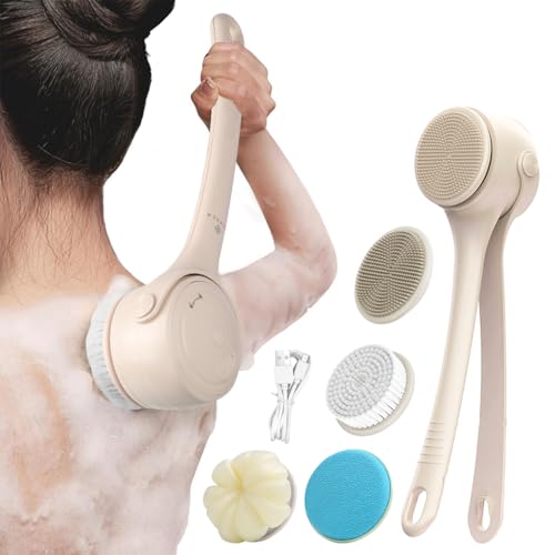 HANNEA® 360° Rotatable Electric Bath Brush with 4 Brush Heads and 2 Modes 1200mAh USB Rechargeable back scrubber Dual Handle Design Exfoliation Bath Brush - Image 1