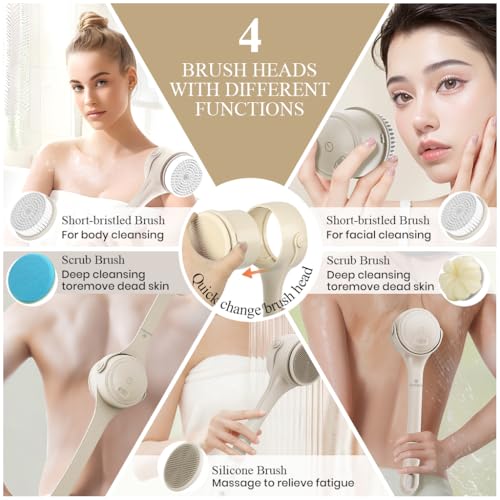 HANNEA® 360° Rotatable Electric Bath Brush with 4 Brush Heads and 2 Modes 1200mAh USB Rechargeable back scrubber Dual Handle Design Exfoliation Bath Brush - Image 3