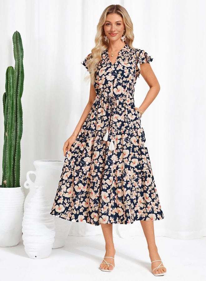 GRACE KARIN Womens Summer Floral Midi Dresses Short Sleeve Beach Wedding Guest Dress Drawstring Long Flowy Dress with Pockets, New Navy Blue Floral, XL - Image 2