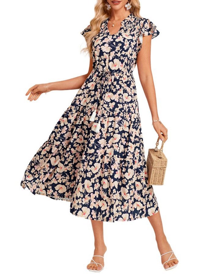 GRACE KARIN Womens Summer Floral Midi Dresses Short Sleeve Beach Wedding Guest Dress Drawstring Long Flowy Dress with Pockets, New Navy Blue Floral, XL - Image 1