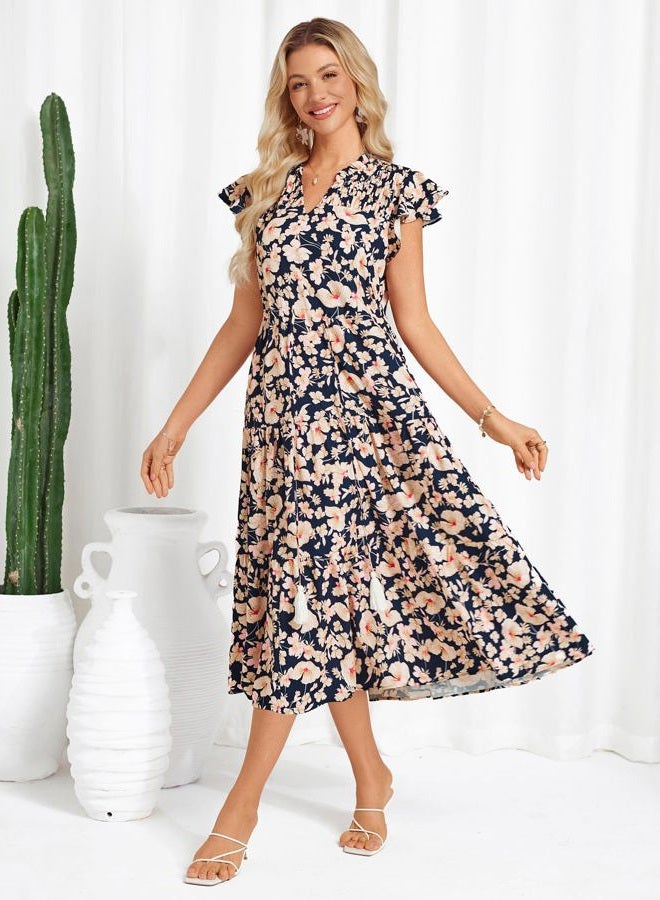 GRACE KARIN Womens Summer Floral Midi Dresses Short Sleeve Beach Wedding Guest Dress Drawstring Long Flowy Dress with Pockets, New Navy Blue Floral, XL - Image 3