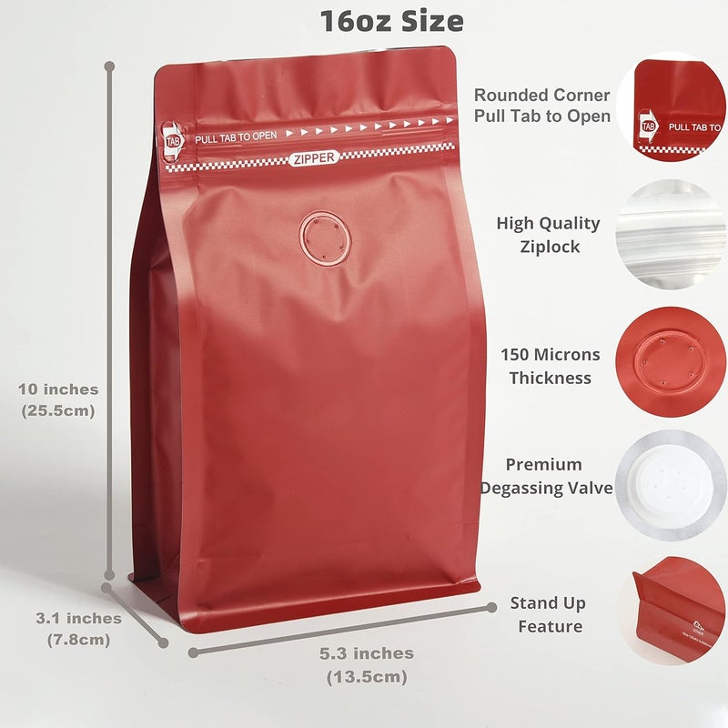 felipack 100 Count 16oz Red Coffee Bags with Aluminum Foil Liner, High Barrier Coffee Pouches with Degassing Valve, Ziplock Food Storage Bags with Pull Tape, Pack of 100, 16oz/1lb/500gram - Image 2