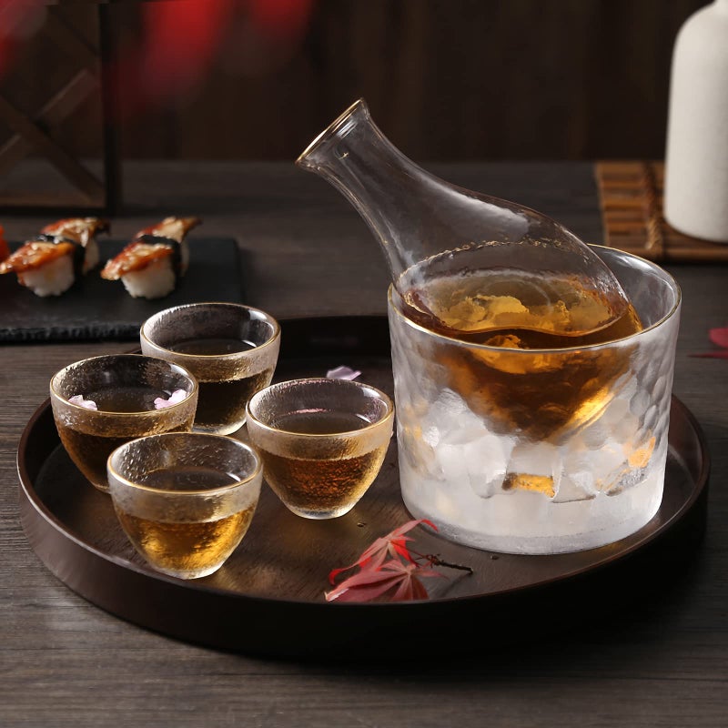 DUJUST DUJUST Japanese Sake Set for 4 Glass Hammer Pattern in Golden Trim 1 Crystal Clear Sake Bottle 1 Sake Tank and 4 Sake Cups ColdWarmHot Sake Carafe Special Japanese Gifts Set  6 pcs 