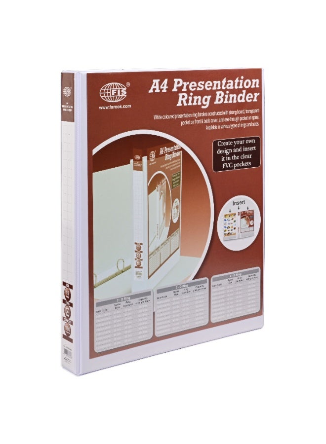FIS Presentation Binder A4 Size(210x297mm) Documents, 2[D] Ring Type, 15mm Ring Size, 1.25 Inches Spine Size with Clear PVC Pocket for Your Label Design, Box of 10 Pieces, White Color-FSBD215DPB10 - Image 4