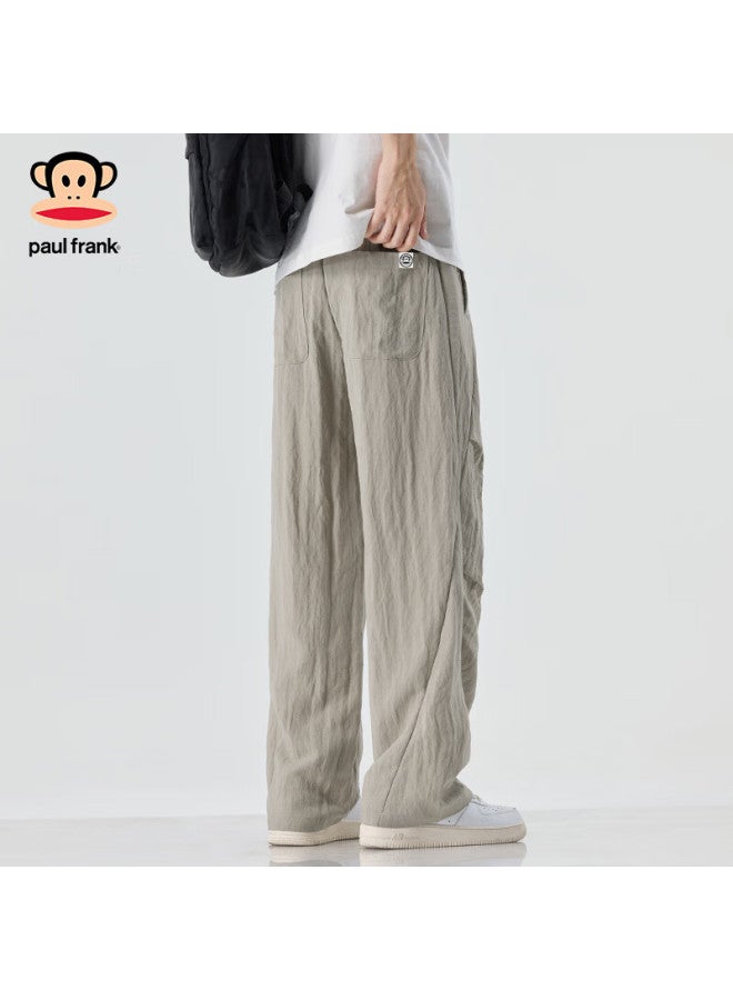 Paul Frank Casual Pants For Men, Breathable Linen Trousers For Spring And Autumn, American-style Curved Knife Pants, Loose-fitting Trendy Style, Light Gray, Size L - Image 3