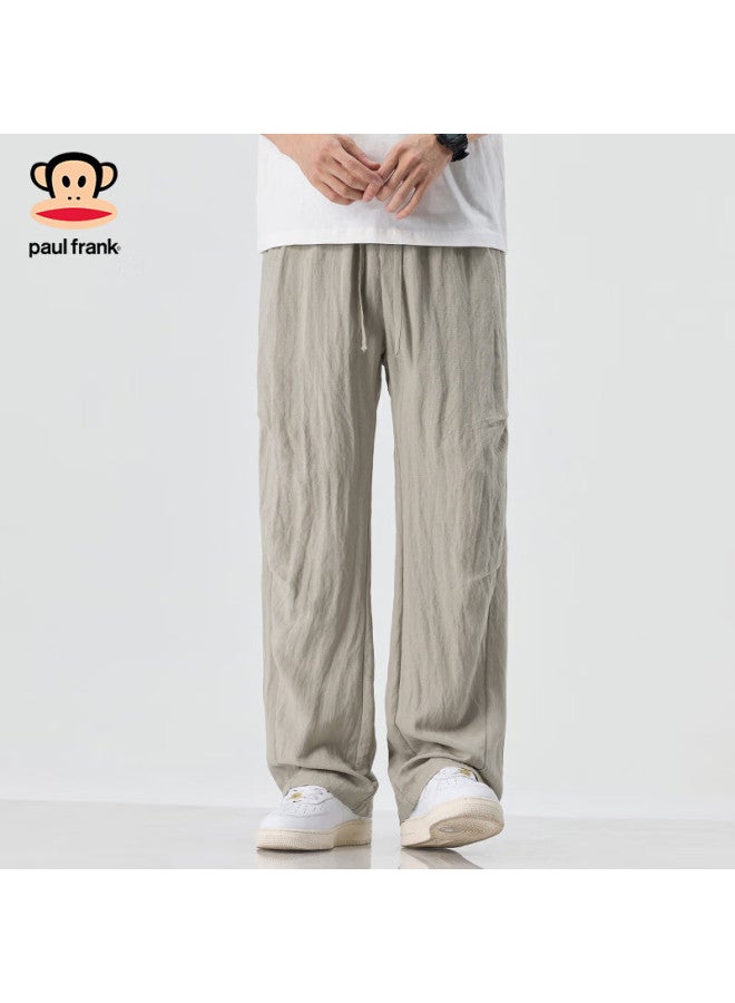 Paul Frank Casual Pants For Men, Breathable Linen Trousers For Spring And Autumn, American-style Curved Knife Pants, Loose-fitting Trendy Style, Light Gray, Size L - Image 1