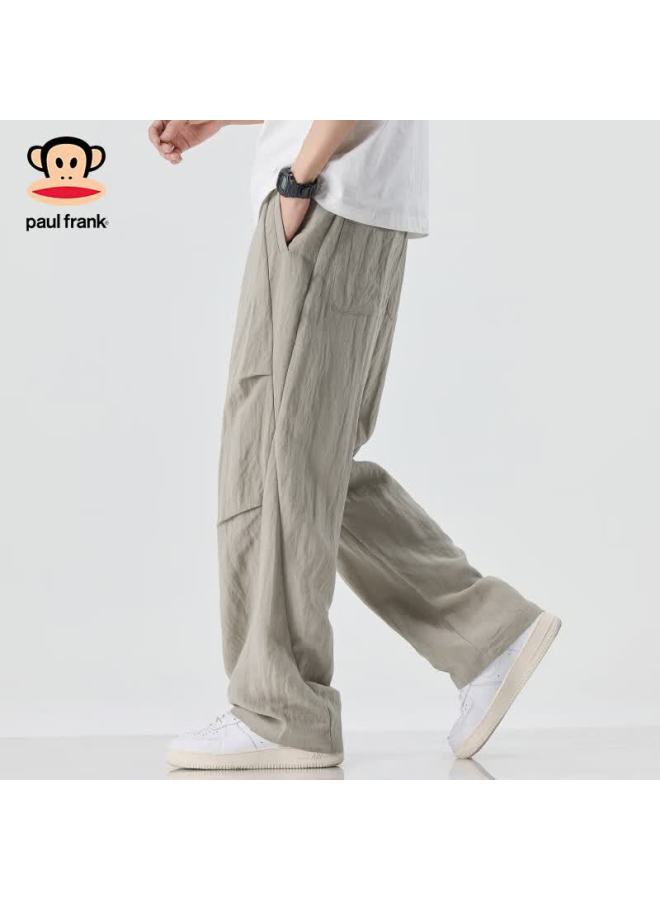 Paul Frank Casual Pants For Men, Breathable Linen Trousers For Spring And Autumn, American-style Curved Knife Pants, Loose-fitting Trendy Style, Light Gray, Size L - Image 2