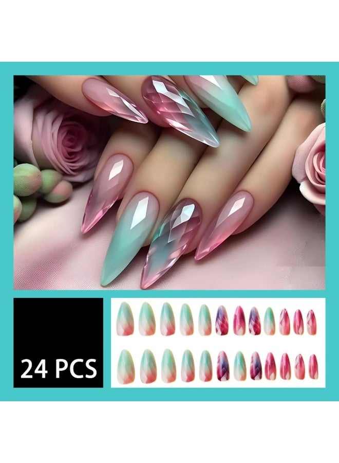 يوكانبي مجموعة أظافر تركيب على شكل لوز بـ 24 قطعة – تصميم عين القطة المتدرج، طول متوسط، لامعة وقابلة للإزالة - Image 1