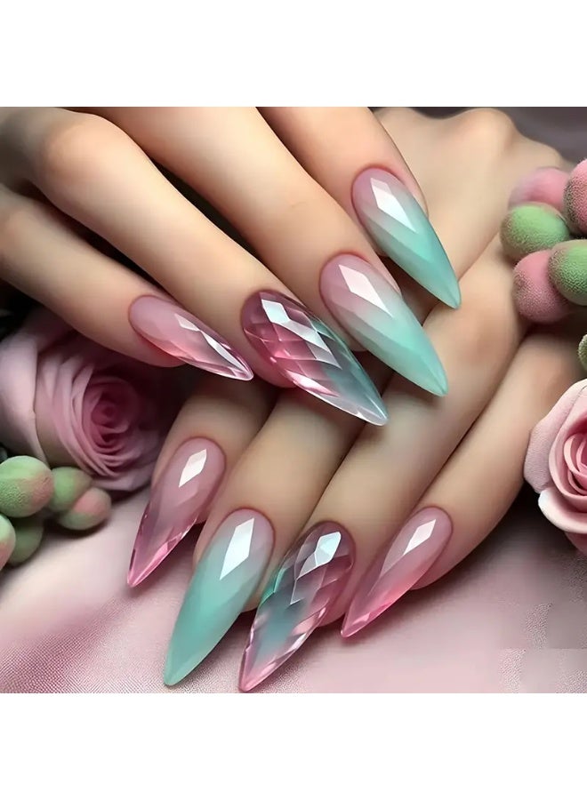 يوكانبي مجموعة أظافر تركيب على شكل لوز بـ 24 قطعة – تصميم عين القطة المتدرج، طول متوسط، لامعة وقابلة للإزالة - Image 4