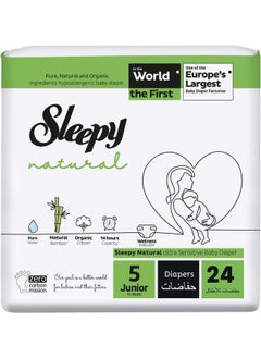 Sleepy Natural Size 5 , Newborn, 24 Count, 11-18Kg Hypoallergenic Baby Dry Diapers, Organic Cotton, Highly Absorbent, Bamboo Extract, Ultimate Comfort And Dryness, 100% Leakage Protection  - Image 1