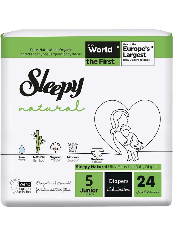 Sleepy حفاظات طبيعية حجم 5 ، حديثي الولادة ، 24 قطعة ، 11-18 كجم ، مضادة للحساسية ، جافة ، قطن عضوي ، عالية الامتصاص ، مستخلص من البامبو ، راحة وجفاف قصوى ، حماية 100% من التسرب - Image 1