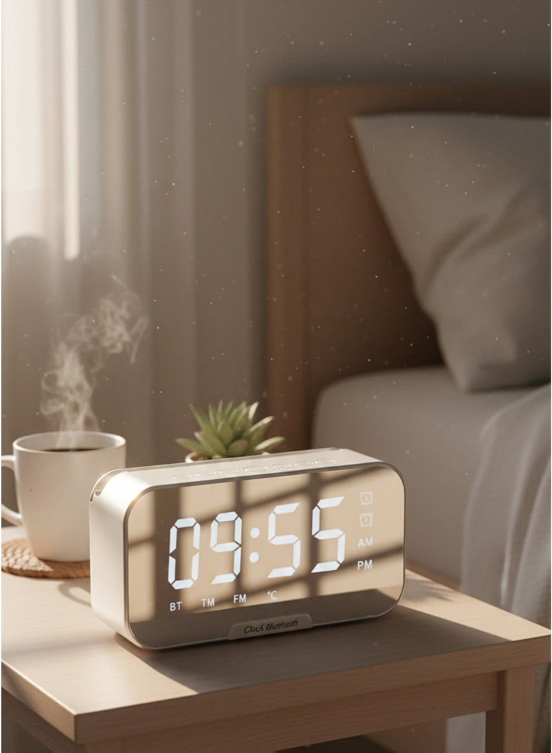 Mirror Digital Alarm Clock Bluetooth Speaker – Dual Alarm, HD Stereo Sound, FM Radio, Phone Stand, Temperature Display, Multi-Playback Modes (White) - Image 1