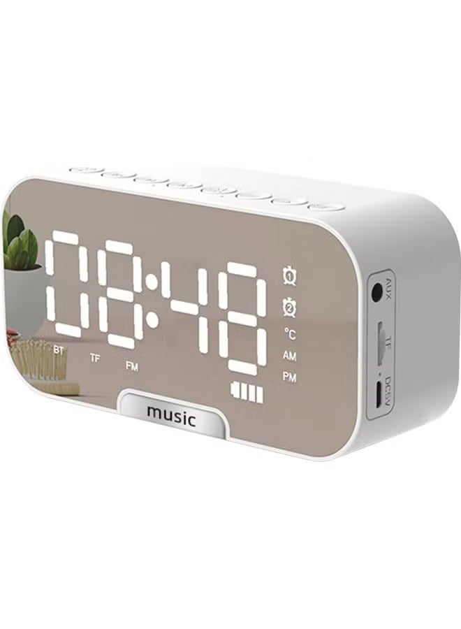 Mirror Digital Alarm Clock Bluetooth Speaker – Dual Alarm, HD Stereo Sound, FM Radio, Phone Stand, Temperature Display, Multi-Playback Modes (White) - Image 5