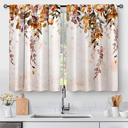 Aimego Fall Floral Leaves Kitchen Curtains - Rustic Watercolor Art Plant Flower Botanical Country Nature Short Cafe Tier Curtains Decor for Dining Room Rod Pocket Window Drapes 2 Panels Set 28"x36" - Image 1