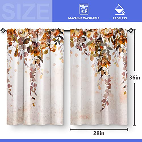 Aimego Fall Floral Leaves Kitchen Curtains - Rustic Watercolor Art Plant Flower Botanical Country Nature Short Cafe Tier Curtains Decor for Dining Room Rod Pocket Window Drapes 2 Panels Set 28"x36" - Image 3