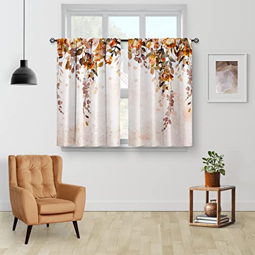 Aimego Fall Floral Leaves Kitchen Curtains - Rustic Watercolor Art Plant Flower Botanical Country Nature Short Cafe Tier Curtains Decor for Dining Room Rod Pocket Window Drapes 2 Panels Set 28"x36" - Image 2