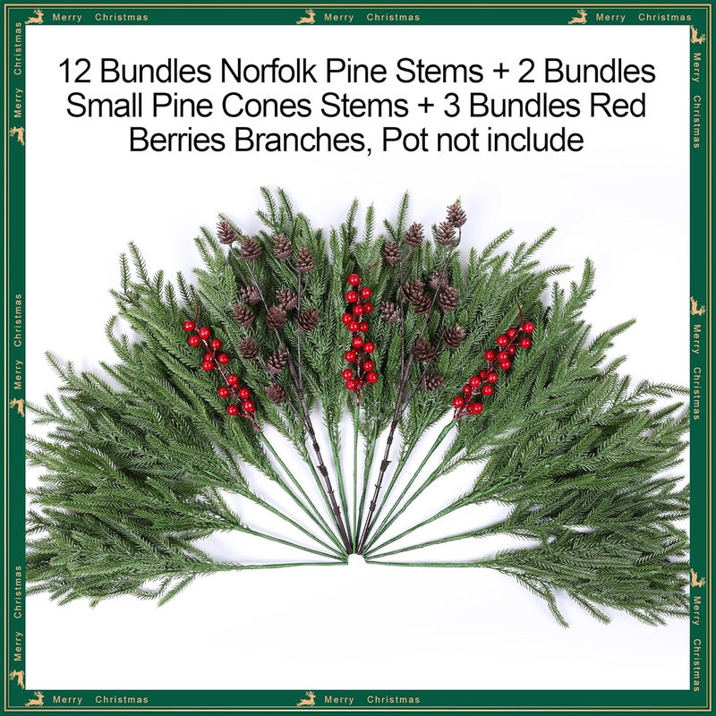 florisso Artificial Christmas Norfolk Pine Stems Branches for Vases,17 Bundles Faux Pine Branches with Pinecones and Red Berries Branches,Fake Greenery Evergreen Real Touch for Holiday Winter Table Xmas Décor - Image 3