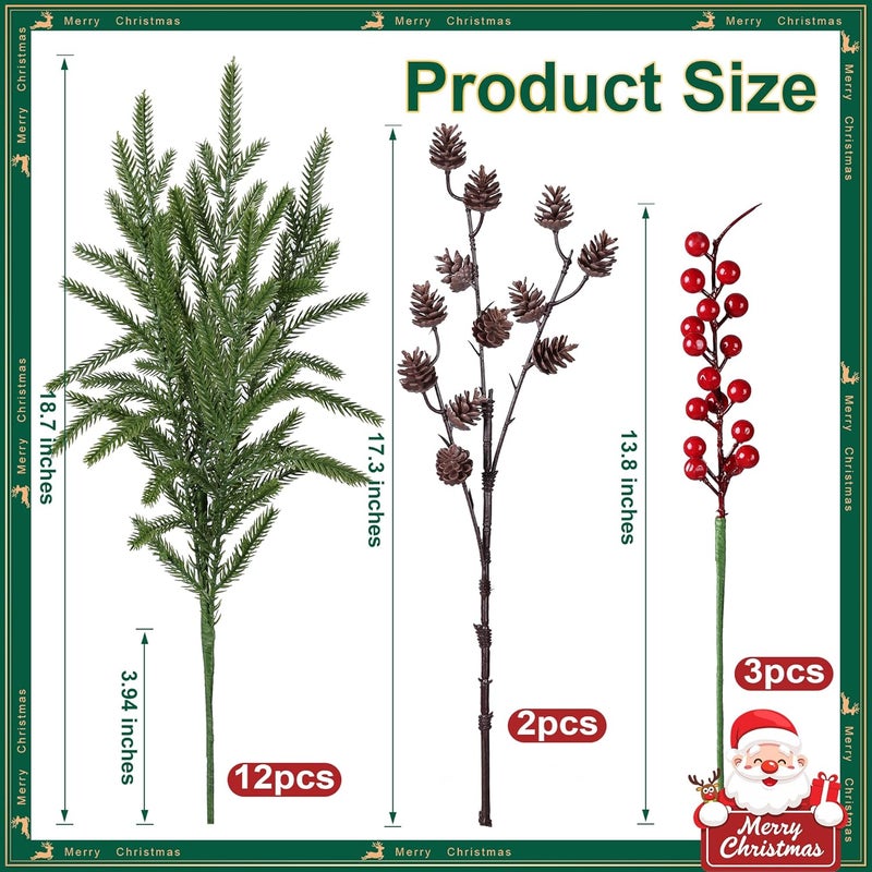 florisso Artificial Christmas Norfolk Pine Stems Branches for Vases,17 Bundles Faux Pine Branches with Pinecones and Red Berries Branches,Fake Greenery Evergreen Real Touch for Holiday Winter Table Xmas Décor - Image 4