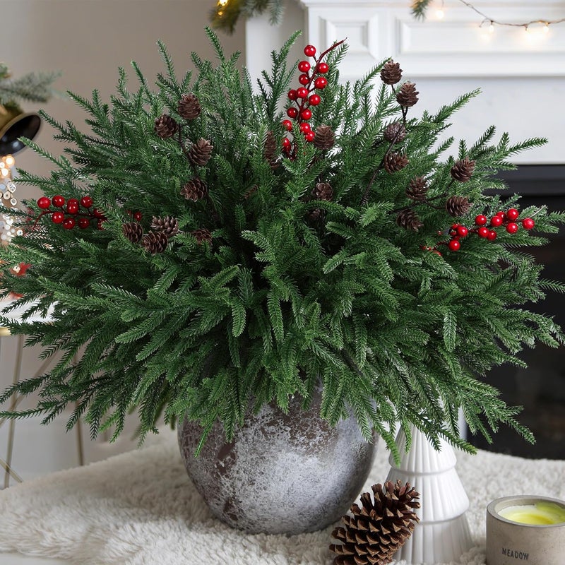 florisso Artificial Christmas Norfolk Pine Stems Branches for Vases,17 Bundles Faux Pine Branches with Pinecones and Red Berries Branches,Fake Greenery Evergreen Real Touch for Holiday Winter Table Xmas Décor - Image 1