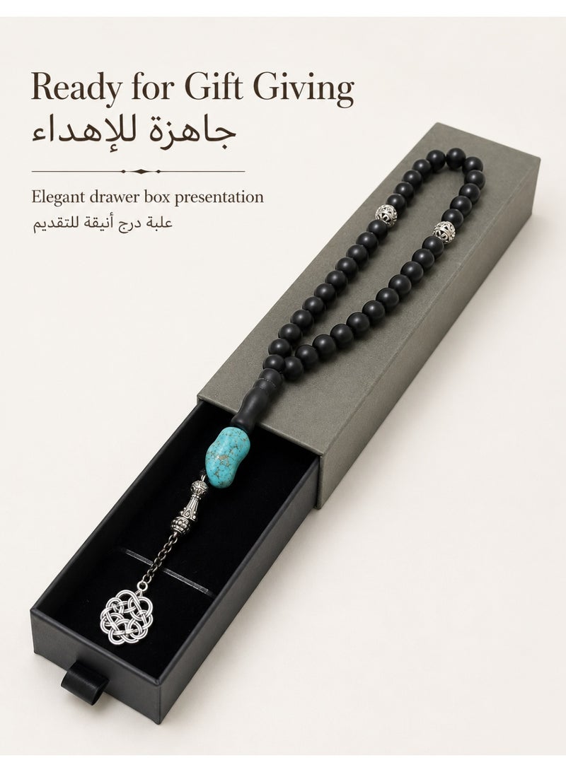 فوريكاسا مسبحة من العقيق الأسود المطفي والفيروز - ٣٣ خرزة يدوية الصنع - طراز عصري بلمسات فضية - Image 4