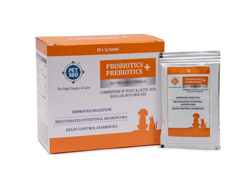 PET360 PROBIOTICS + PREBIOTICS Gut Wellness Formula for Dogs & Cats | Probiotic Supplement | Prevents Diarrhea & Indigestion | Cat & Dog Gut Health Supplement for Improved Immunity - 20 Sachets - Image 1