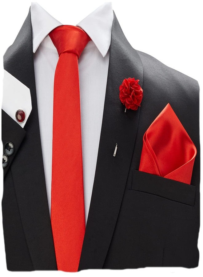 بلاك سميث ربطة عنق، أزرار أكمام، منديل جيب، دبوس طية صدر السترة، طقم من 4 قطع للرجال 【مقاس حر】 أحمر - Image 1