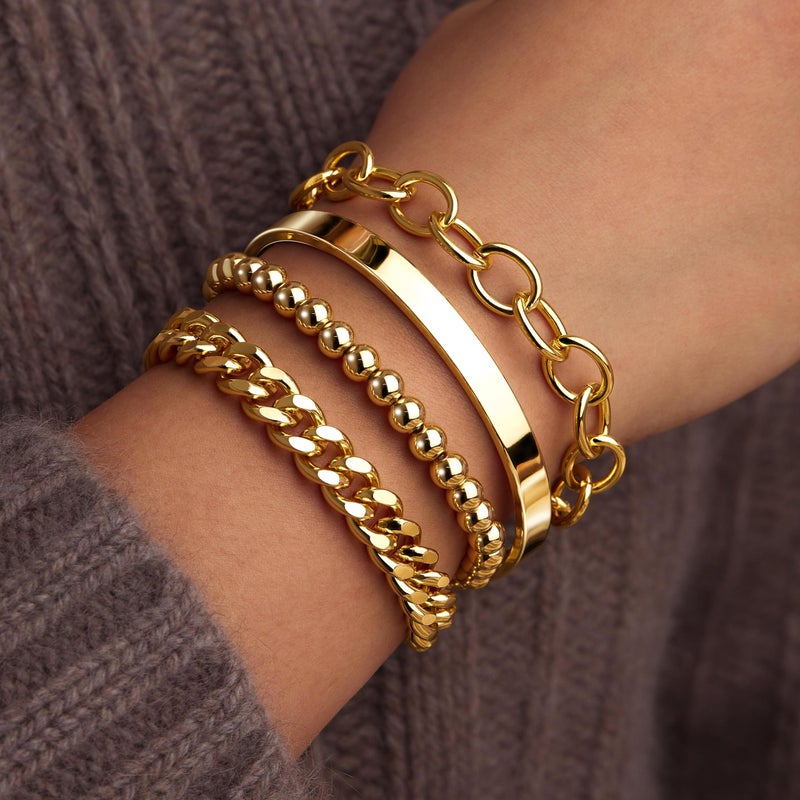 Poxtex Chunky Gold Bracelet Stack for Women Non Tainish, Chunky Stackable Thick Bracelets Set for Women, Gold Plated Large Bracelet Stack With Bangle Beaded Cuban Paperclip Chain Jewelry Gifts for Mom Her - Image 2