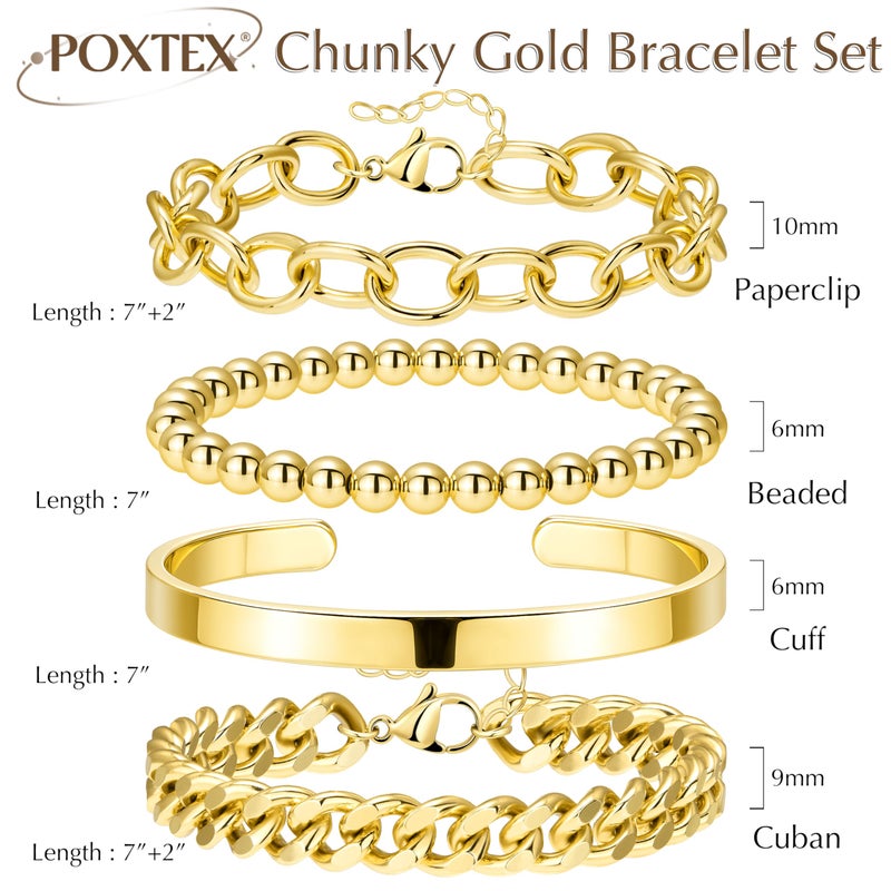 Poxtex Chunky Gold Bracelet Stack for Women Non Tainish, Chunky Stackable Thick Bracelets Set for Women, Gold Plated Large Bracelet Stack With Bangle Beaded Cuban Paperclip Chain Jewelry Gifts for Mom Her - Image 3