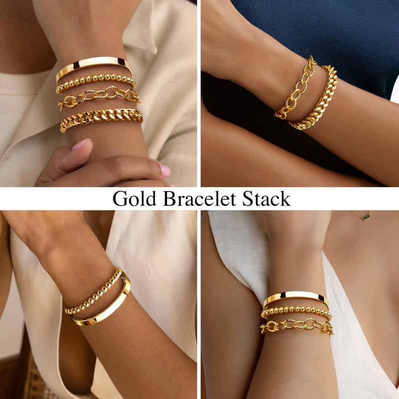 Poxtex Chunky Gold Bracelet Stack for Women Non Tainish, Chunky Stackable Thick Bracelets Set for Women, Gold Plated Large Bracelet Stack With Bangle Beaded Cuban Paperclip Chain Jewelry Gifts for Mom Her - Image 4