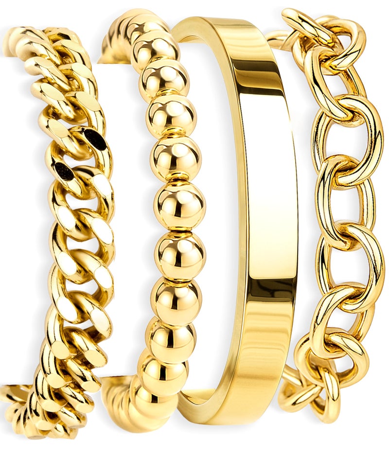 Poxtex Chunky Gold Bracelet Stack for Women Non Tainish, Chunky Stackable Thick Bracelets Set for Women, Gold Plated Large Bracelet Stack With Bangle Beaded Cuban Paperclip Chain Jewelry Gifts for Mom Her - Image 1