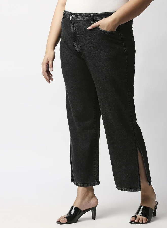 HIGH STAR Women Black Wide Leg High-Rise Acid Wash Stretchable Jeans