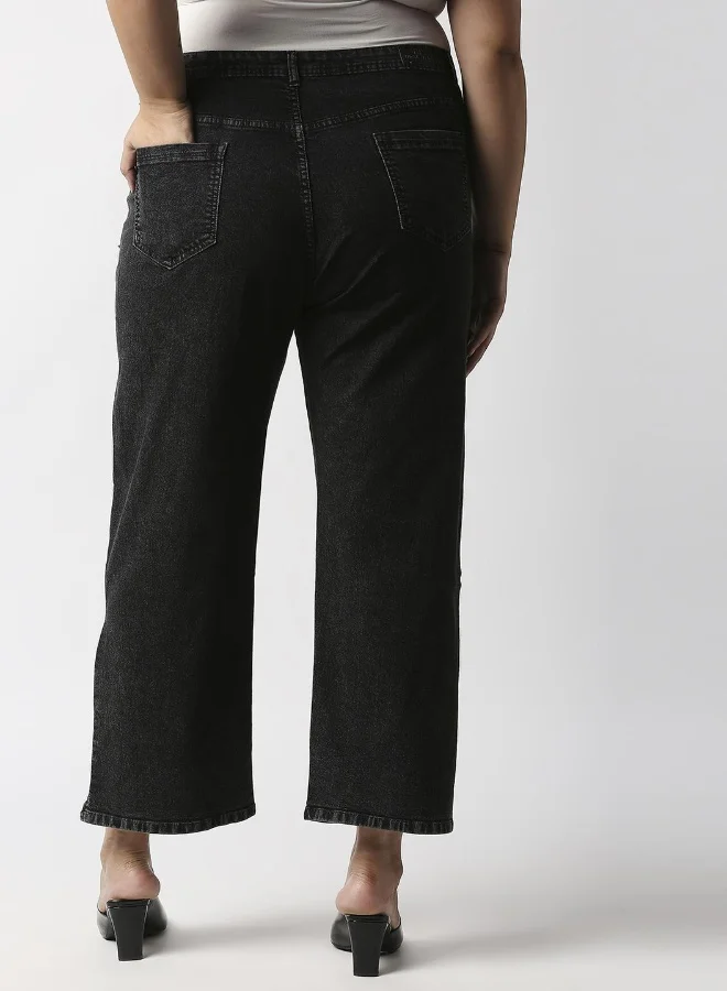 HIGH STAR Women Black Wide Leg High-Rise Acid Wash Stretchable Jeans