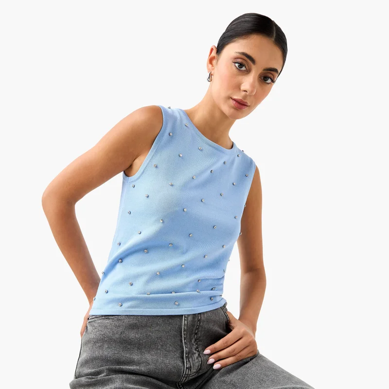 ايكونيك Iconic Stud Embellished Sleeveless Top