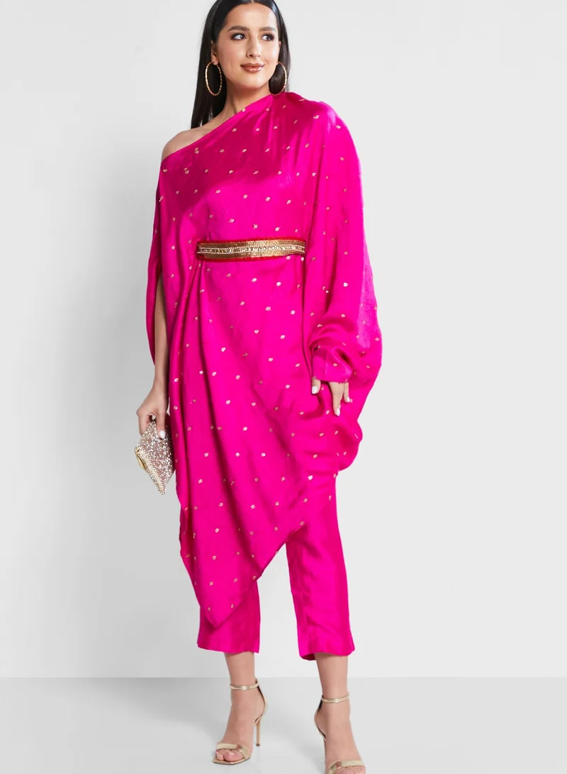 The Arab Crab One Shoulder Embroidered Belted Top & Pants Set