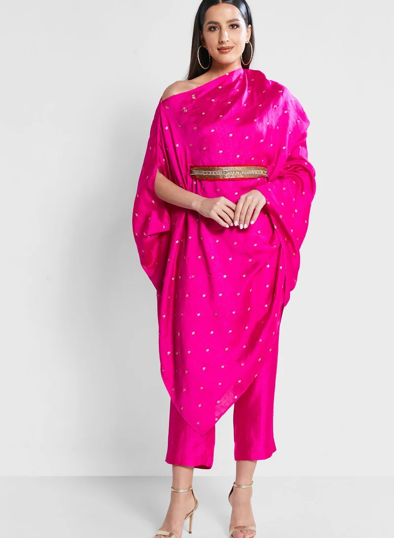 The Arab Crab One Shoulder Embroidered Belted Top & Pants Set
