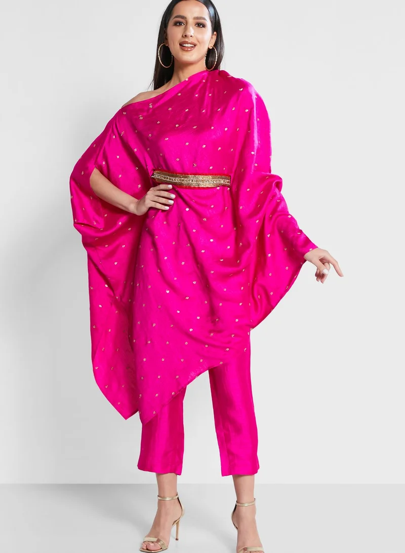 The Arab Crab One Shoulder Embroidered Belted Top & Pants Set