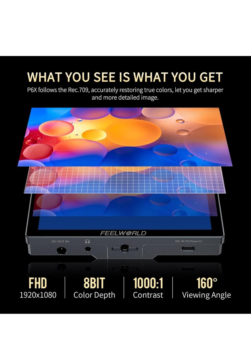 فيل وورلد شاشة مراقبة ميدانية FEELWORLD P6X من الألومنيوم مقاس 5.5 بوصة DSLR بشاشة تعمل باللمس 4K HDM - Image 3