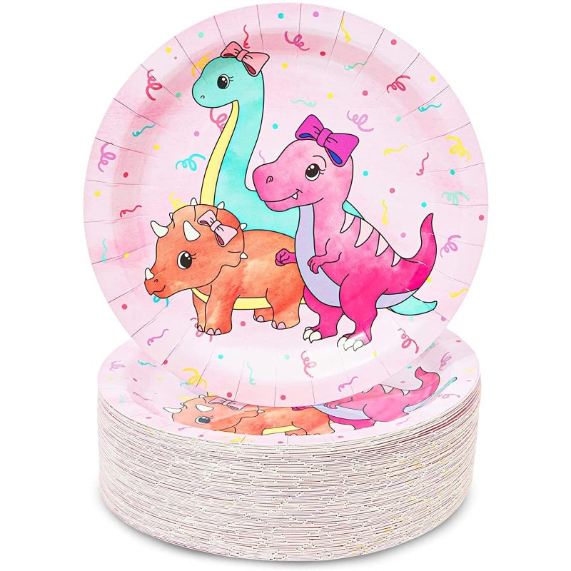 BLUE PANDA Happy Birthday Dinosaur Pastel Cake Paper Plates - 80-Pack, 9-Inch, Multicolor - Pink Dinosaur Party Plates for Birthday Party Tableware