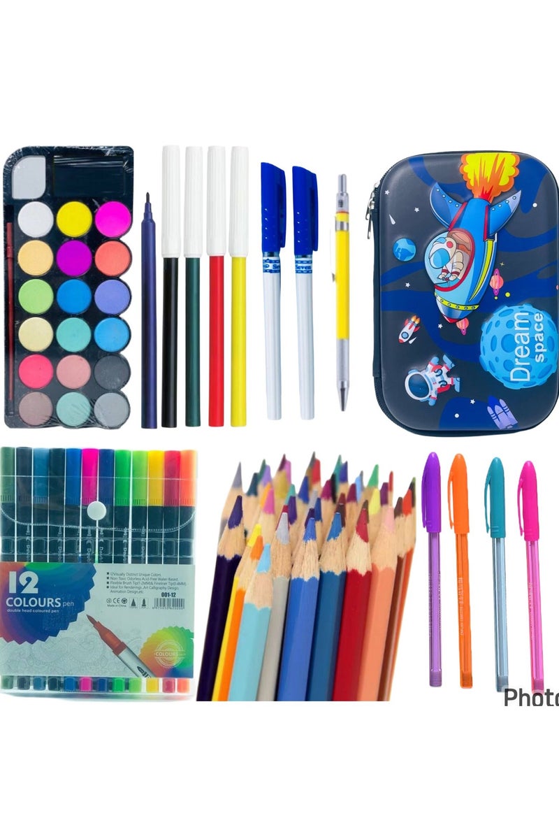 39-piece school supplies set (pencil case + 12 colored pencils + 6 felt-tip pens + 4 fluorescent pens + 18-color watercolor palette + 2 dry pens + 12 dual-ended brush markers) - Image 1