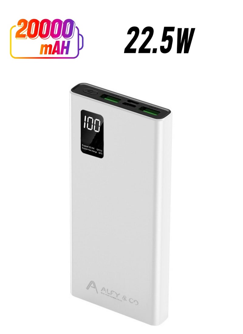 ALFY & CO 20000 mAh Power Bank Portable Charger USB Type C Battery Pack 22.5W Fast Charging Compatible with iPhone 16 15 14 13 Pro Max Samsung Galaxy Z Fold 6 S24 S23 S22 S21 Ultra Apple Watch Airpods iPad white  - Image 1