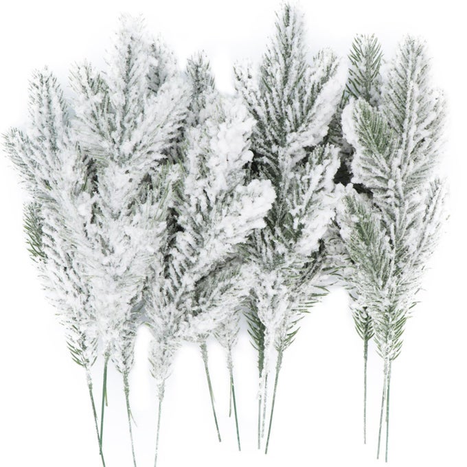 12PCS SNOWY ARTIFICIAL PINE NEEDLES BRANCHES TWIGS 106 FROSTED PINE PICKS GREENERY STEMS FOR CRAFTS WREATHS GARLANDS HOLIDAY DECOR